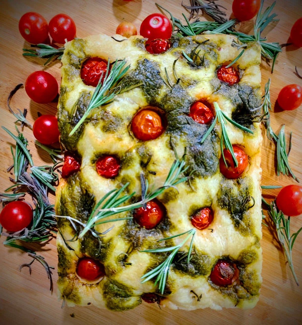 Rosemary and cherry-tomato millet focaccia, fresh from the oven